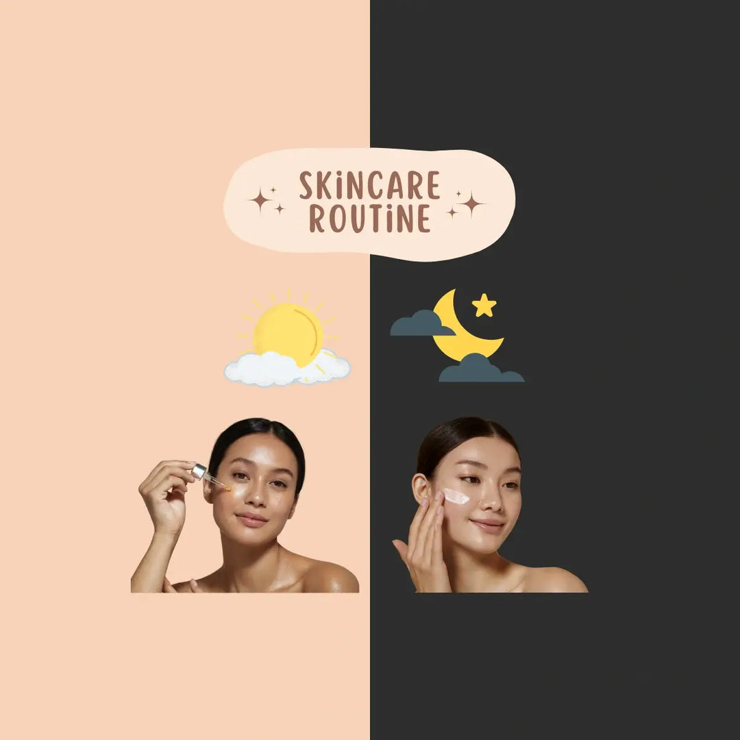 K-Beauty morning vs. night skincare routine with steps for protection by day and repair overnight