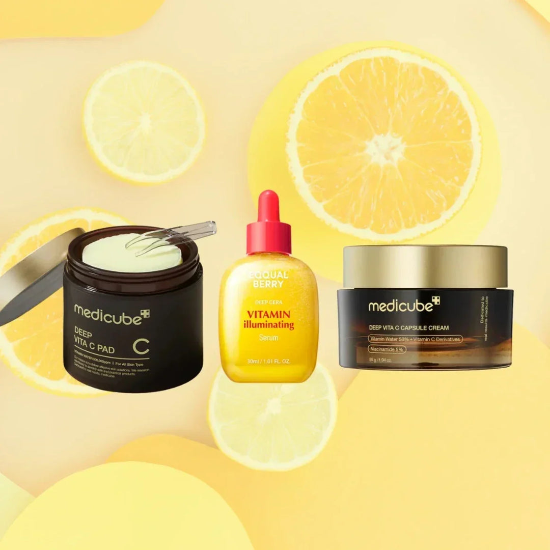 Vitamin C skincare products including serum, toner pads, and sunscreen for glowing skin in UAE weather