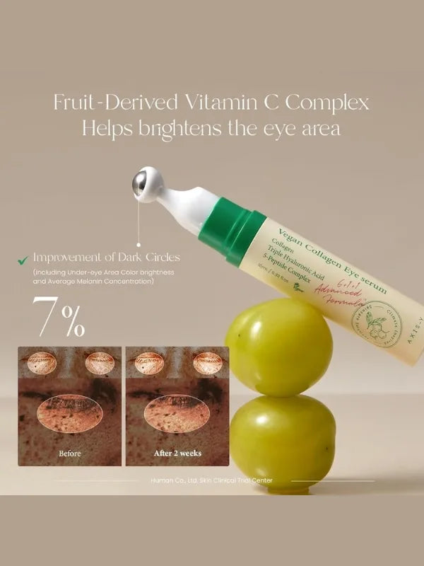 Before and after using AXIS-Y Vegan Collagen Eye Serum – visible reduction in dark circles, puffiness, and wrinkles