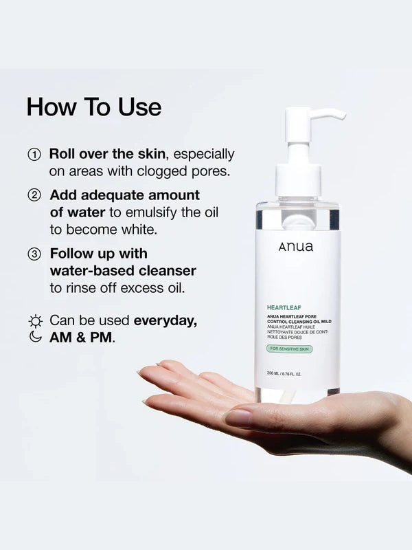 How to apply Anua Heartleaf Pore Control Cleansing Oil Mild – massage onto dry skin, emulsify with water, rinse clean