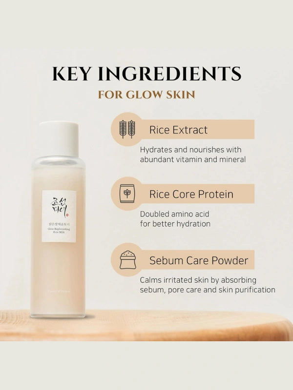 Beauty of Joseon Glow Replenishing Rice Milk 150ml ingredients – rice extract, rice amino acids, and glycerin for deep hydration