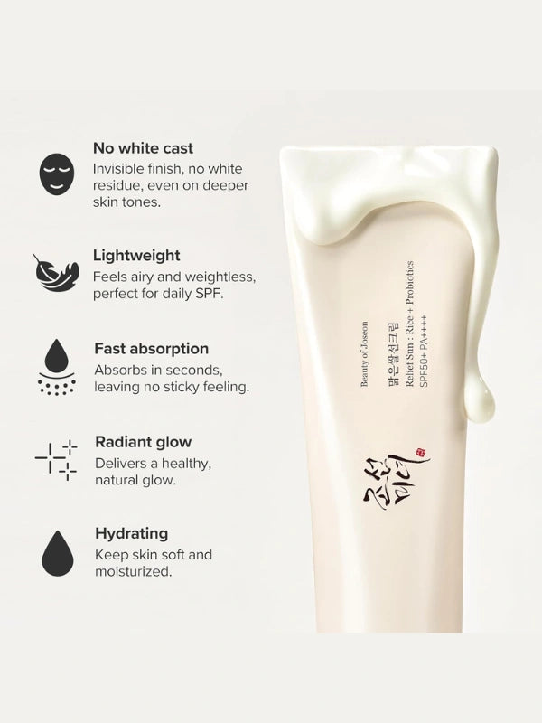 Benefits of Beauty of Joseon Relief Sun: Rice + Probiotics – hydrates, brightens, and protects skin from UVA and UVB rays