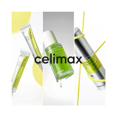 Cosmetic products with 'celimax' branding on a white background