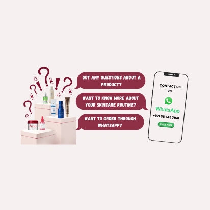Skincare products with WhatsApp contact information on a white background