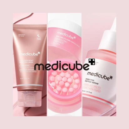 Collage of Medicube skincare products on a pink background