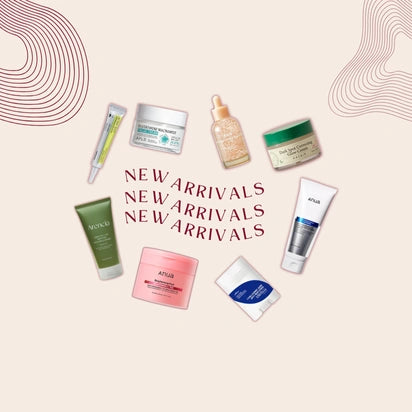 Collection of skincare products with 'New Arrivals' text on a light background