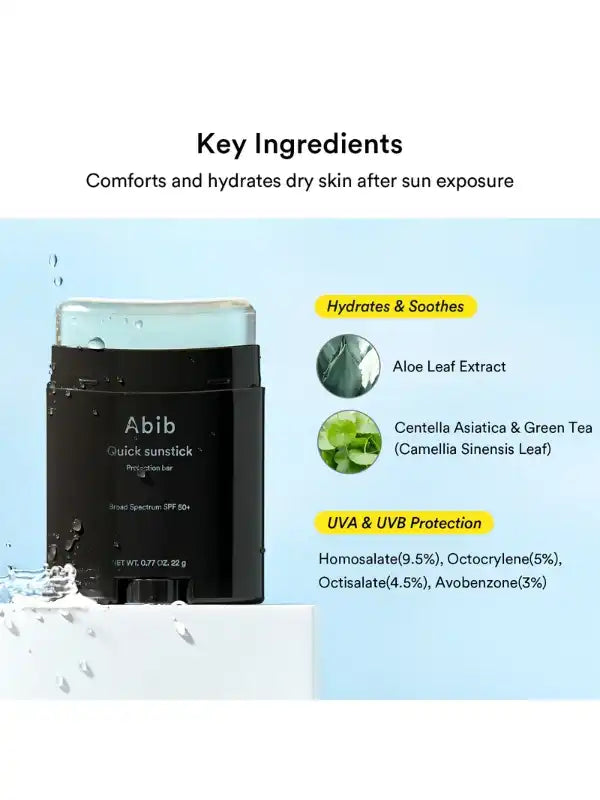 Ingredients of Abib Quick Sunstick Protection Bar – centella, aloe, and UV filters