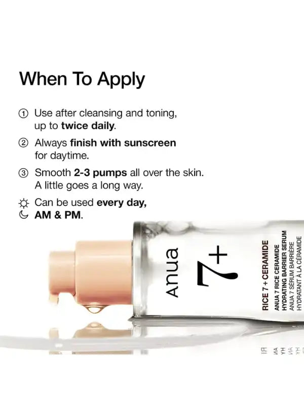 How to use Anua 7 Rice Ceramide Hydrating Barrier Serum – apply after toner for lasting hydration