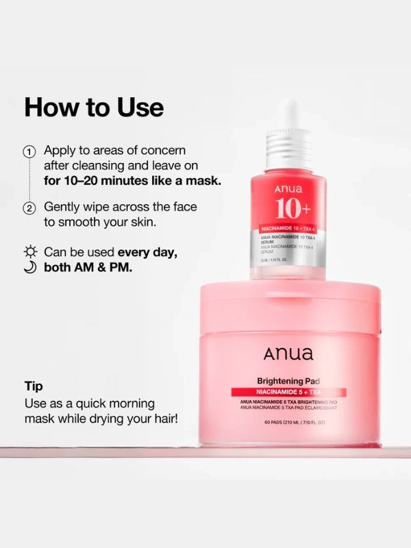 How to use Anua Niacinamide 5 TXA Brightening Pad – swipe across face after cleansing to prep skin