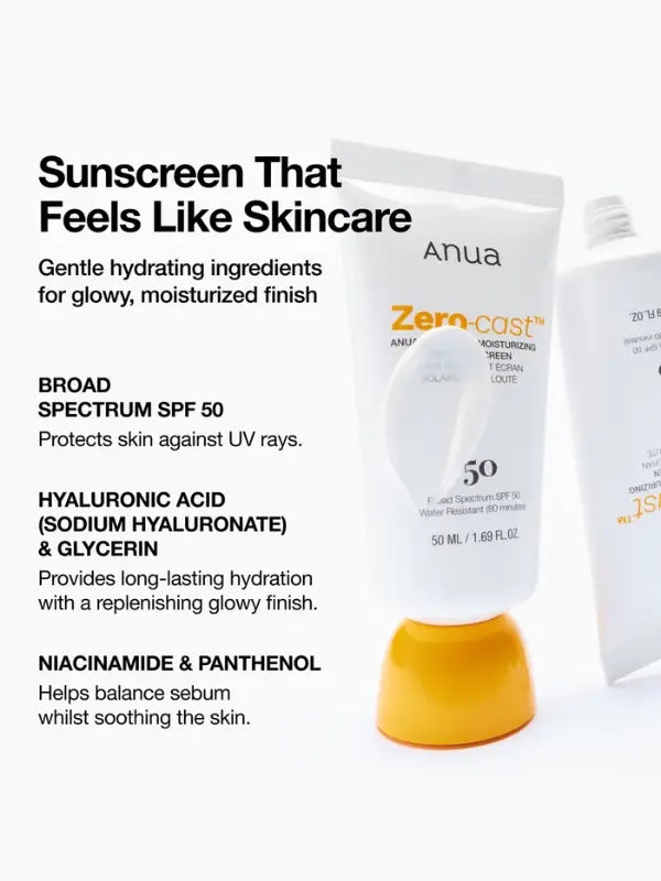 Key benefits of Anua Zero-Cast Sunscreen – zero white cast, dewy finish, and daily UV protection