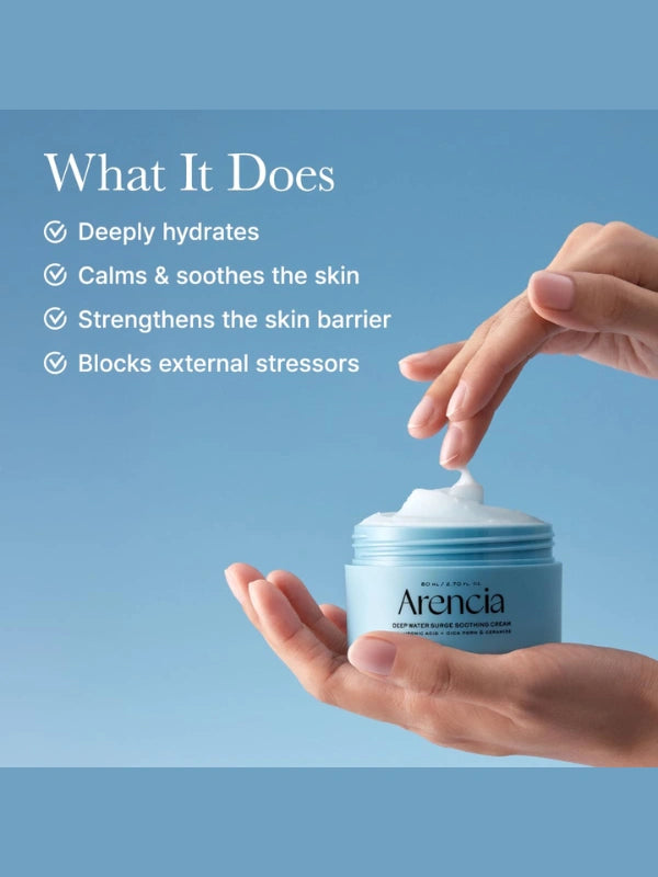 Benefits of Arencia Deep Water Surge Soothing Cream – hydrates, soothes irritation, and strengthens the skin barrier