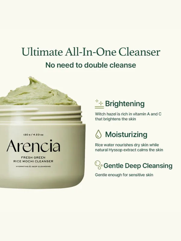 Key benefits of Arencia Rice Mochi Cleanser – deeply cleanses, smooths texture, and hydrates skin