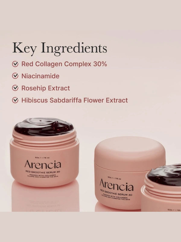 Ingredients of Arencia Fresh Red Smoothie Serum – berry extracts, niacinamide, and vitamin complex