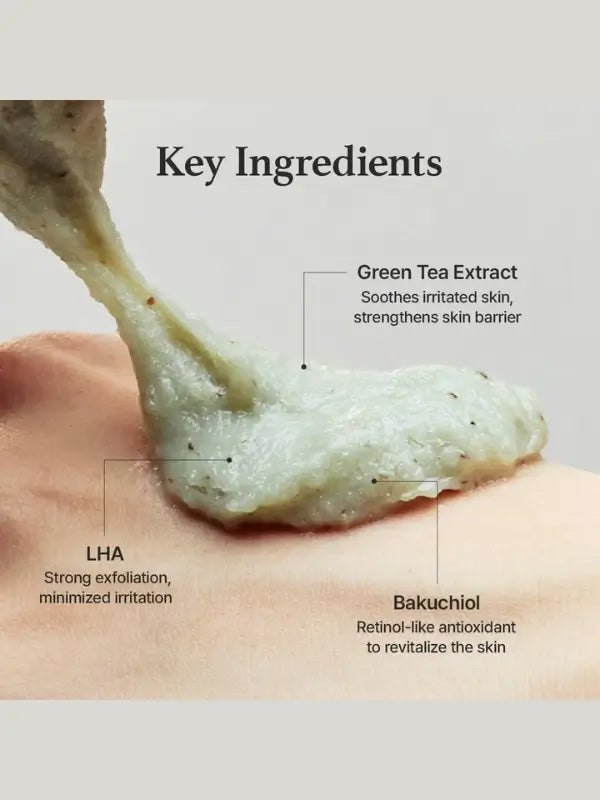 Ingredients of Arencia Green Tea LHA Cleanser – green tea, LHA, and rice powder to exfoliate and purify pores