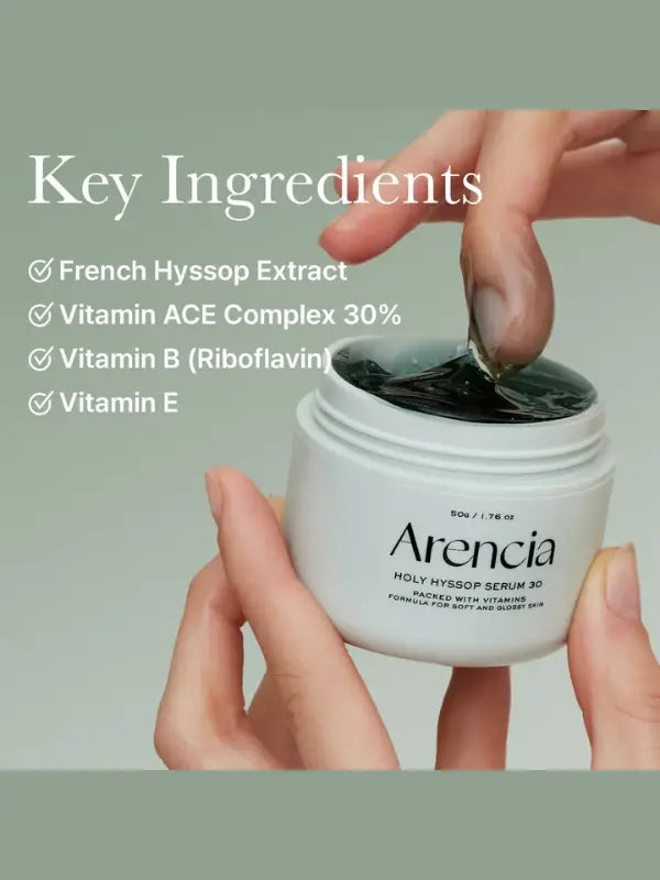 Ingredients list of Arencia Holy Hyssop Serum including hyssop extract and botanical soothing agents