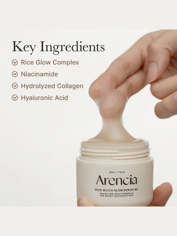 Ingredients of Arencia Rice Mucin Glow Serum – rice mucin, niacinamide, and hydrating extracts