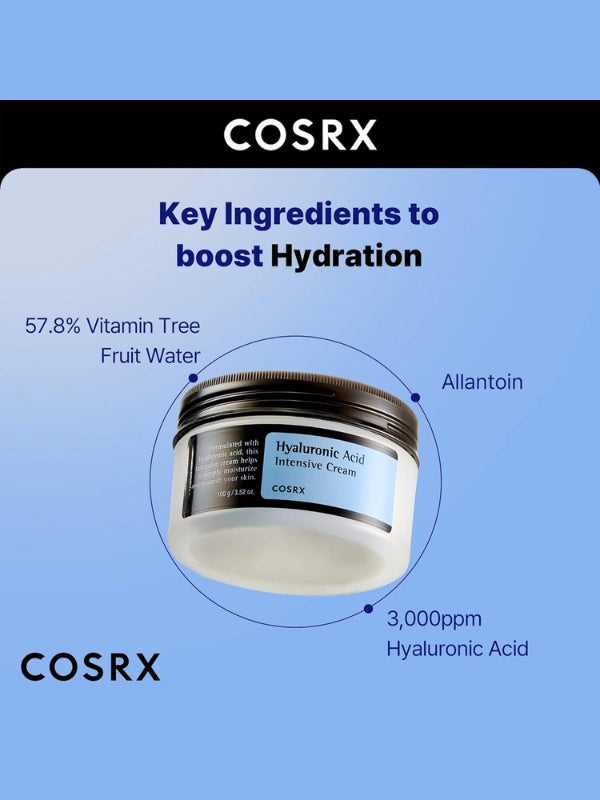 Ingredients of COSRX Hyaluronic Acid Intensive Cream – hyaluronic acid, sea buckthorn oil, allantoin and nourishing extracts