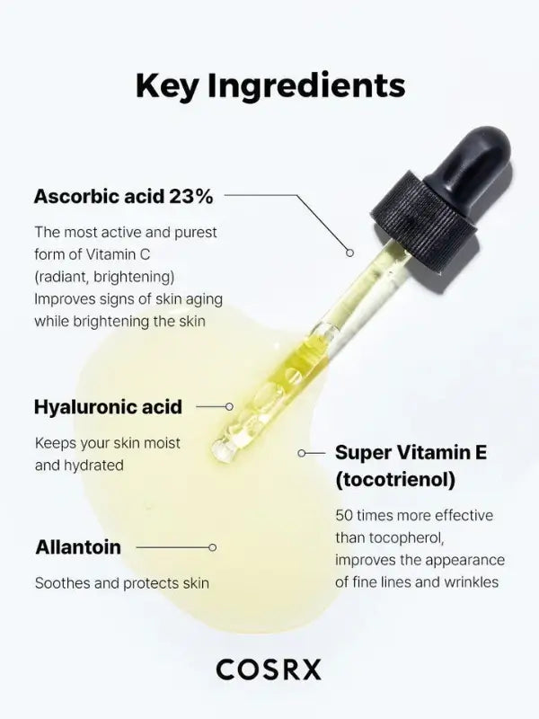 Ingredients of COSRX Vitamin C 23 Serum – pure vitamin C, vitamin E, and hydrating actives