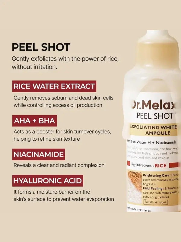 Ingredients of Dr Melaxin White Rice Ampoule – rice extract, exfoliating acids, and hydrating botanicals