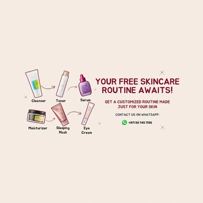 Skincare product icons with text on a beige background