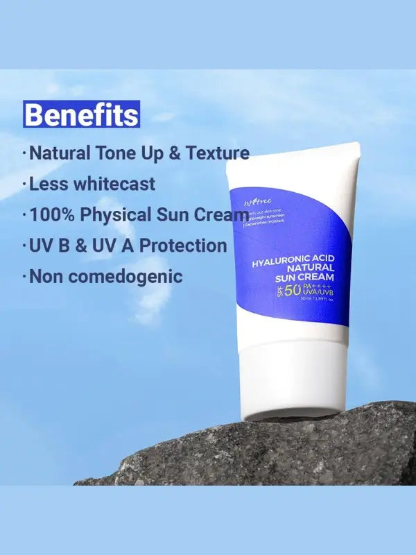 Benefits of Isntree Hyaluronic Acid Natural Sun Cream – shields from UVA/UVB rays and hydrates skin