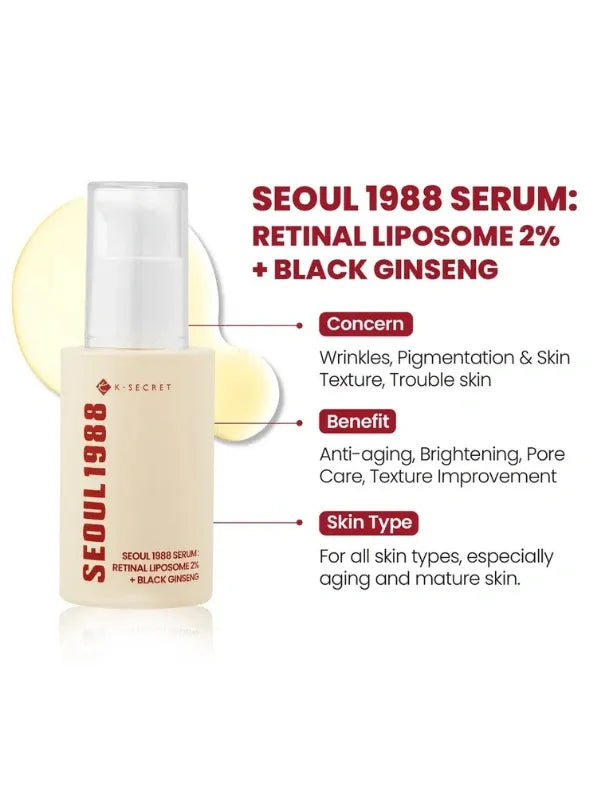 K-Secret Seoul 1988 Retinal Serum with benefits, skin concerns, and skin types listed