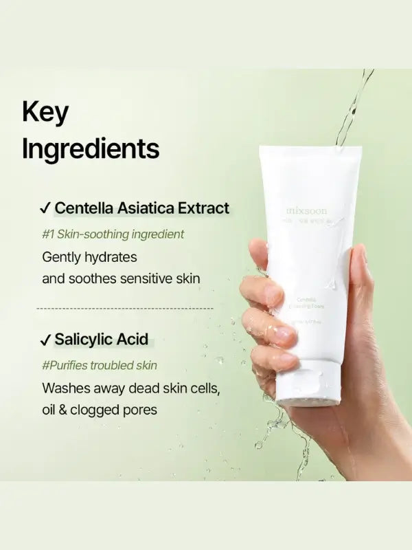 Ingredients of Mixsoon Centella Cleansing Foam – centella asiatica, amino acids, and hydrating extracts
