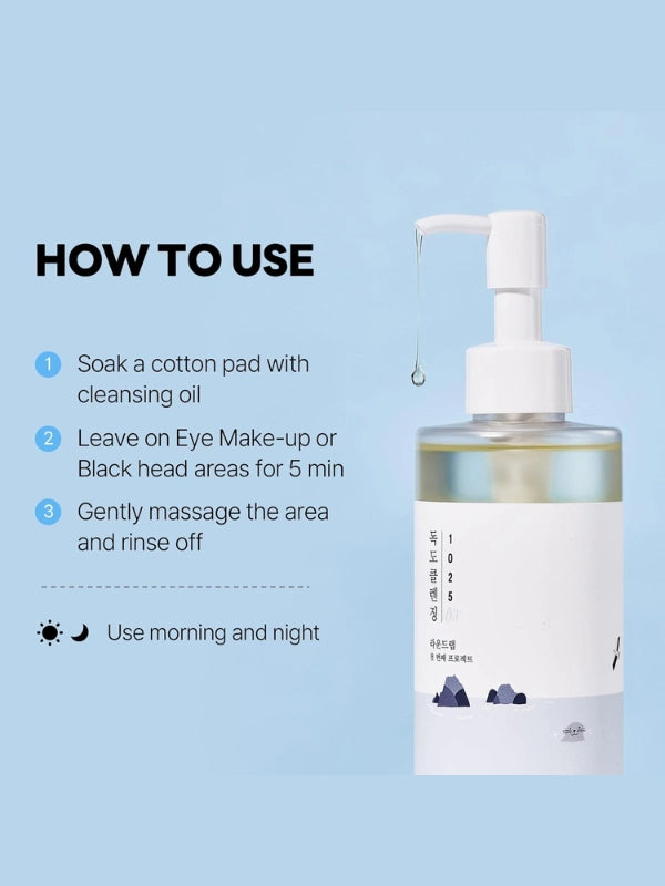 How to use Round Lab 1025 Dokdo Cleansing Oil – massage onto dry skin, emulsify, and rinse