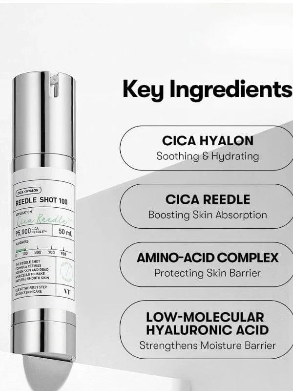 VT Cica Reedle Shot 100 50ml with ingredient list for skin refining and calming